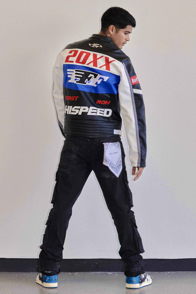 CONTRAST MOTOR RACING LEATHER JACKET